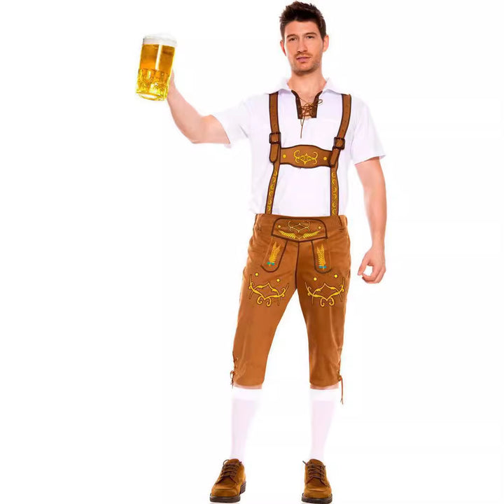 Herren nan kurze Trachtenlederhose mit verstellbaren Hosenträgern und besticktem Latz Drune