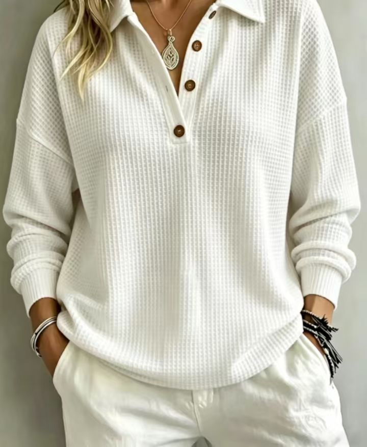 Damen Waffelstrick-Polo mit Oversize-Schnitt, Knopfleiste und Rollkragen-Optik Drune