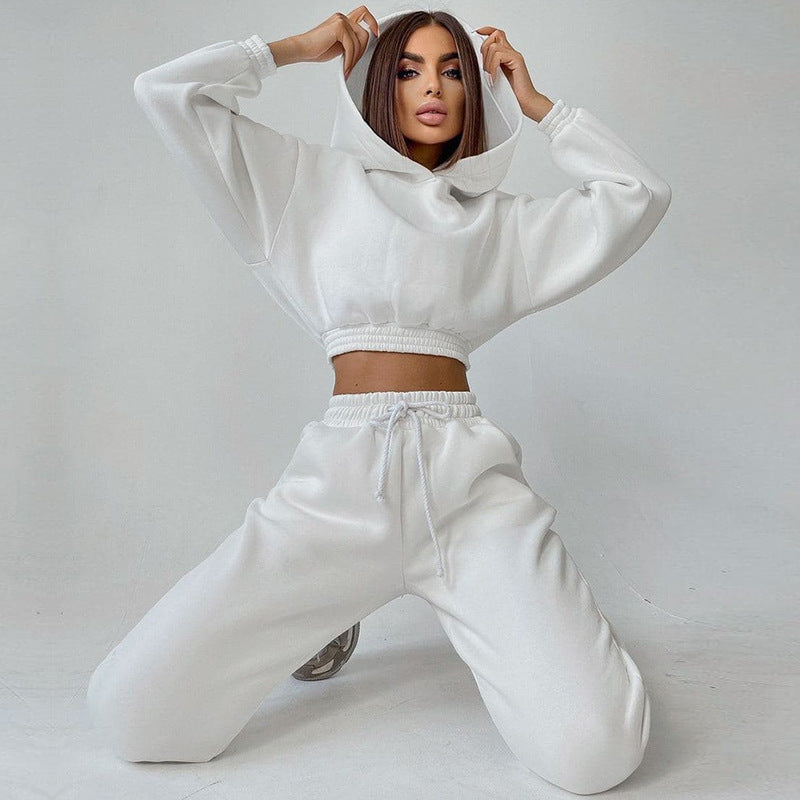 Damen cropped Stehkragen-Sweatset mit elastischem Taillenbund und hochtaillierter Tapered-Jogginghose Drune