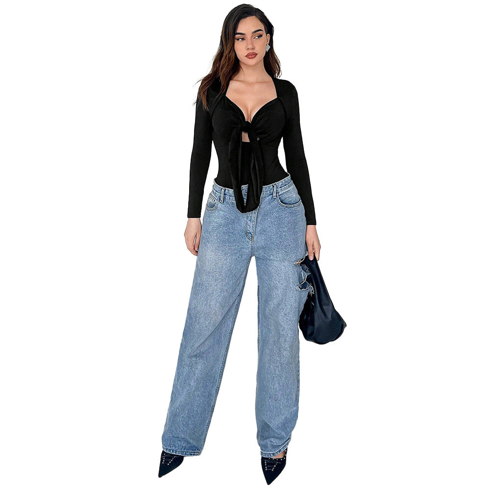 Damen figurbetonter Langarm-Bodysuit mit Knotenfront tiefem V-Ausschnitt und hochgeschnittenem Bein Drune