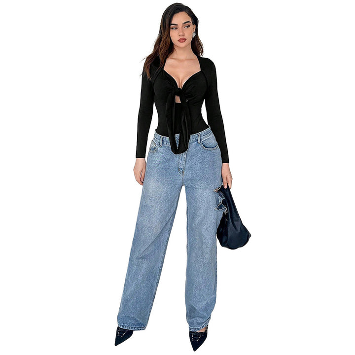 Damen figurbetonter Langarm-Bodysuit mit Knotenfront tiefem V-Ausschnitt und hochgeschnittenem Bein Drune