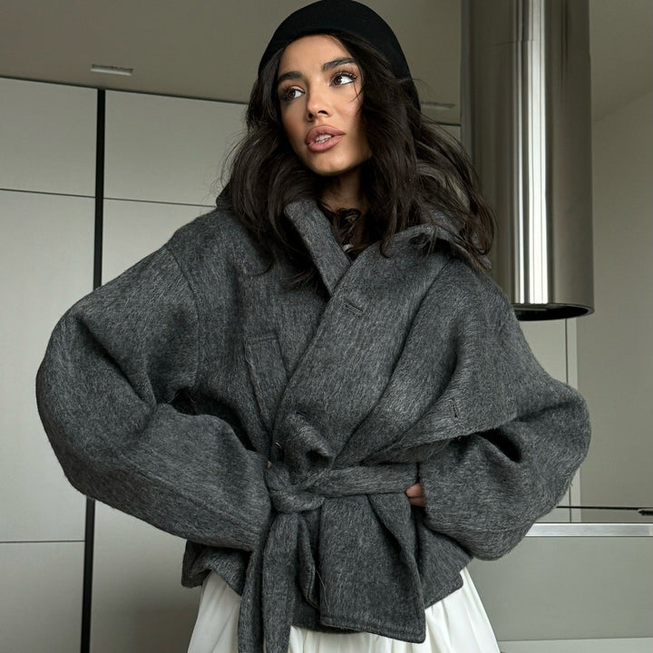 Damen Oversized Wolljacke mit Bindegürtel und lässigem Schnitt Drune