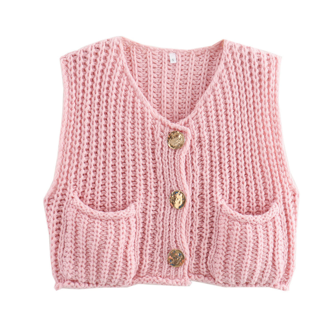 Damen Kurzgeschnittene Ärmellose Strickweste mit V-Ausschnitt und Zierknöpfen Drune