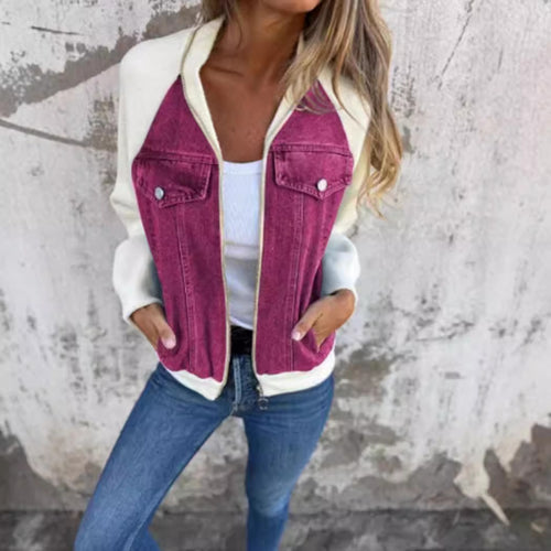 Damen nan Sweat-Jeans-Bomberjacke mit Raglanärmeln Brustklappen und Reißverschluss Drune