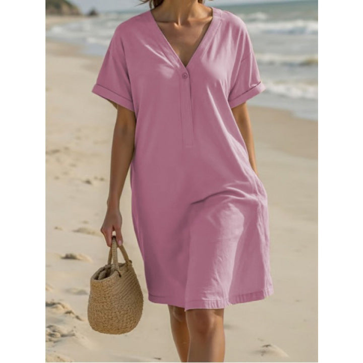 Damen Leichtes Sommerkleid mit umschlagenen Ärmeln und praktischer Knopfleiste Drune