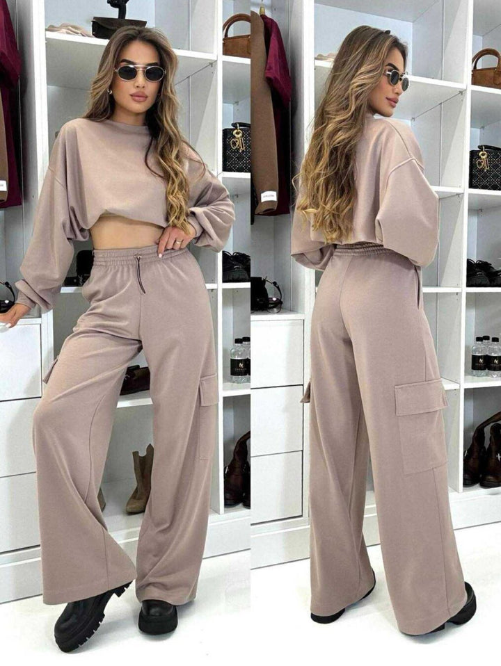 Damen kurzes Oversize-Sweatshirt mit weitem Cargo-Hose Lounge-Set Drune