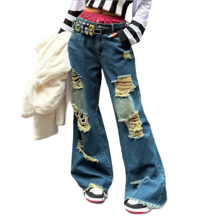 Damen weite Destroyed-Denim-Jeans mit Neonfransen-Applikation Drune