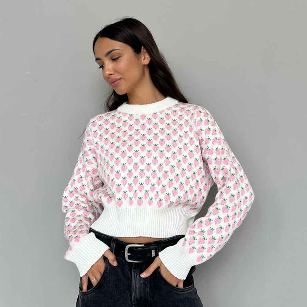 Damen Gestreifter Cropped Pullover mit floralem Muster Drune
