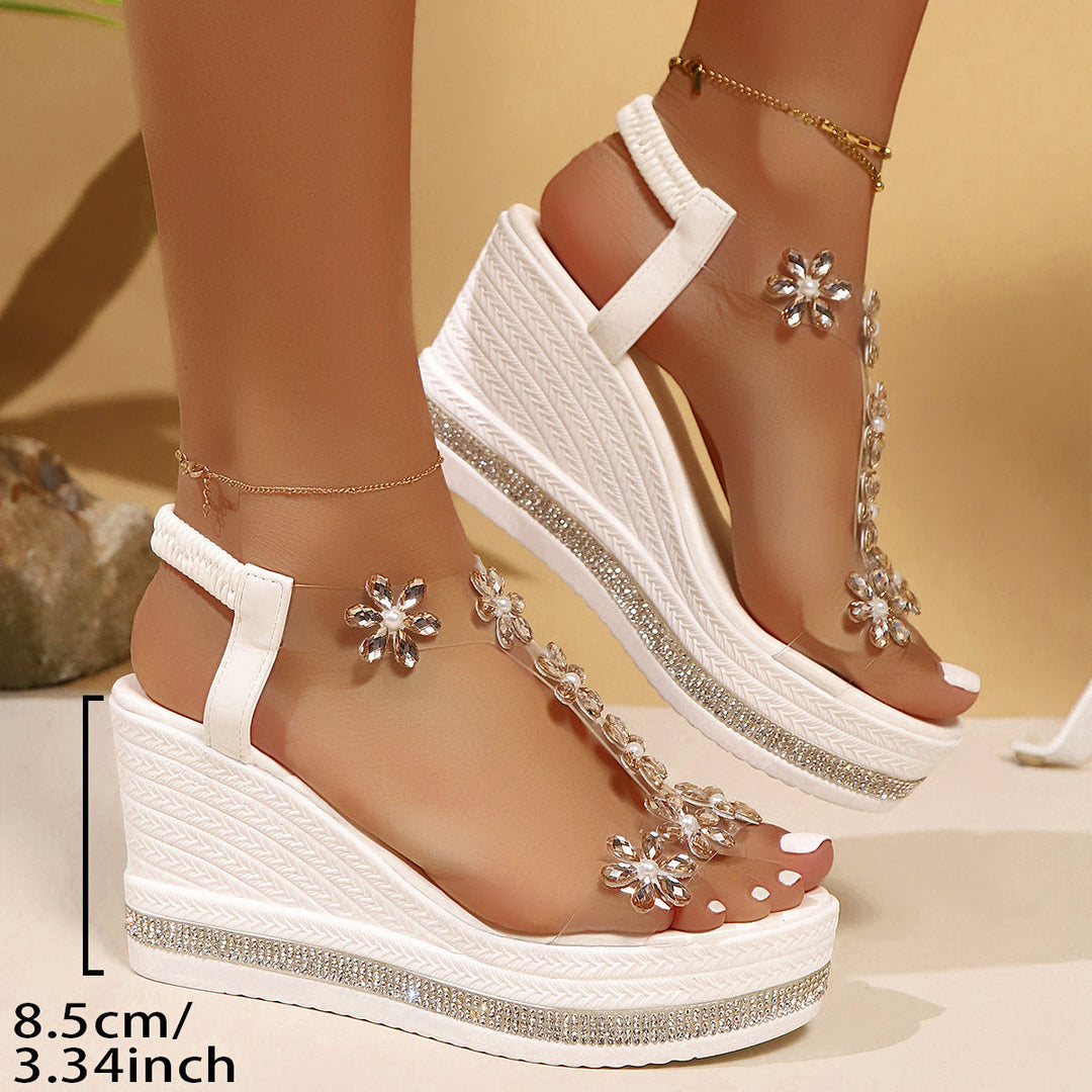 Damen Wedge-Sandalen mit floralem Schmuck und Glitzerakzenten Drune