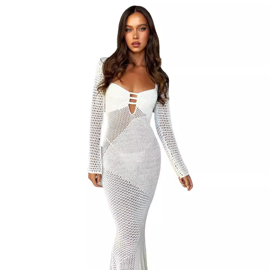 Damen langes Häkelkleid mit V-Ausschnitt und dekorativen Cut-Outs Drune