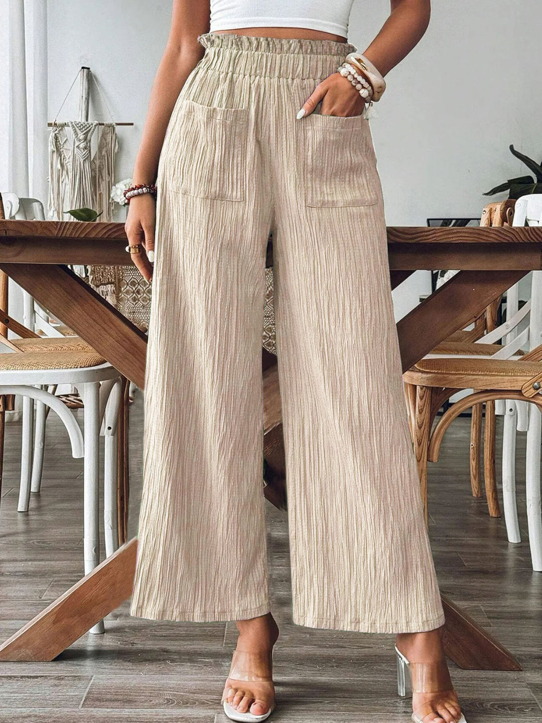 Damen lässige und leichte Palazzo-Hose mit elastischem Bund und praktischen Taschen Drune