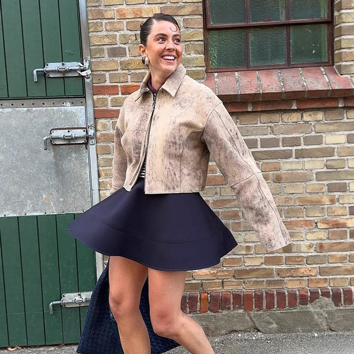 Damen Kurz geschnittene Velourslederjacke in Used‑Optik mit extra langen Ärmeln und Zwei‑Wege‑Reißverschluss Drune