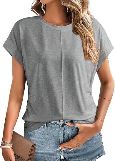 Damen Relaxed-Fit Kurzarmshirt mit dekorativer Mittelnähte und Umschlagärmeln Drune