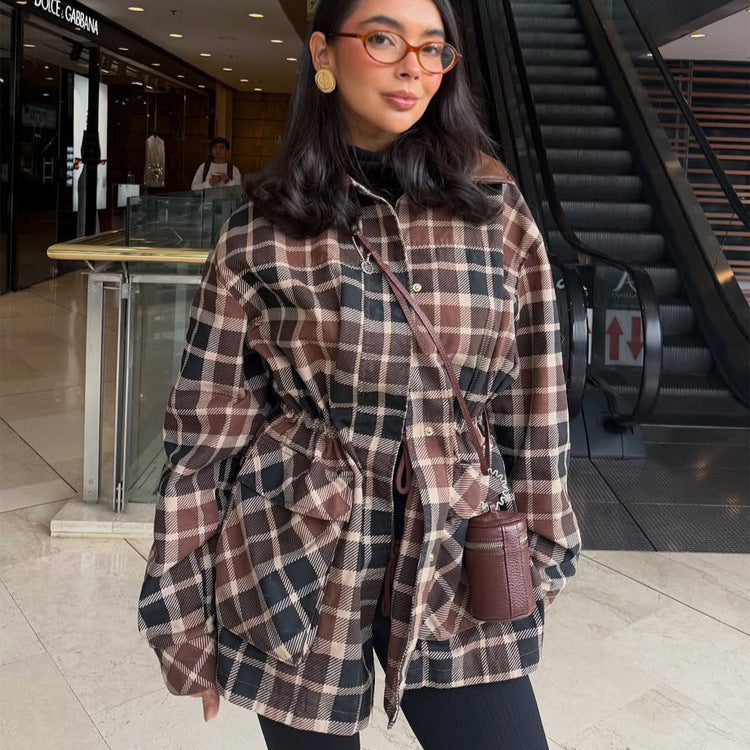 Damen Karierter Shacket mit Taillen-Kordel, Pattentaschen & Lederoptik-Kragen Drune