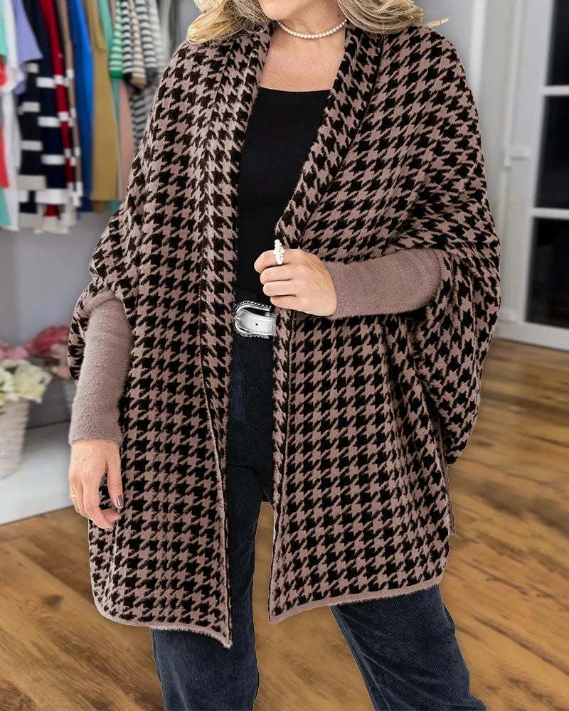 Damen Oversized Poncho mit Hahnentritt-Muster und offenem Schalkragen Drune