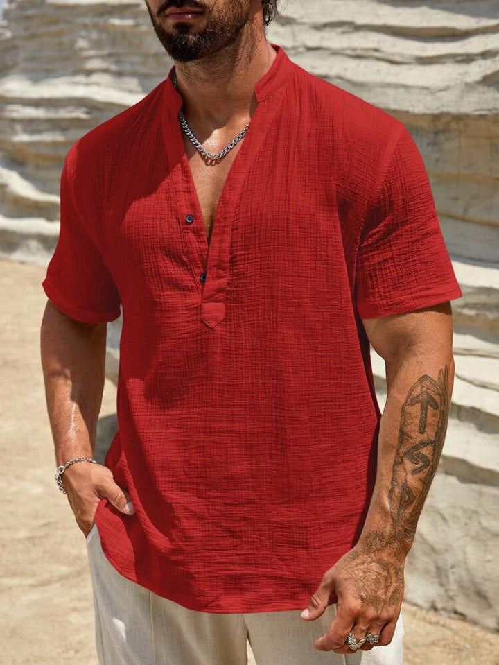 Herren Kurzarm Henley Hemd mit modernem Stehkragen aus leichtem Baumwollmaterial Drune
