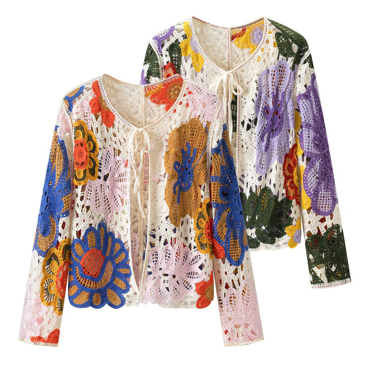 Damen Häkel-Cardigan mit floralen Applikationen und Bindeband Drune