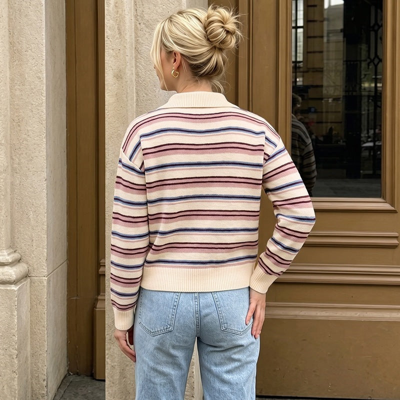 Damen Lässiger Strickpullover mit Polo-Kragen und Streifen Drune