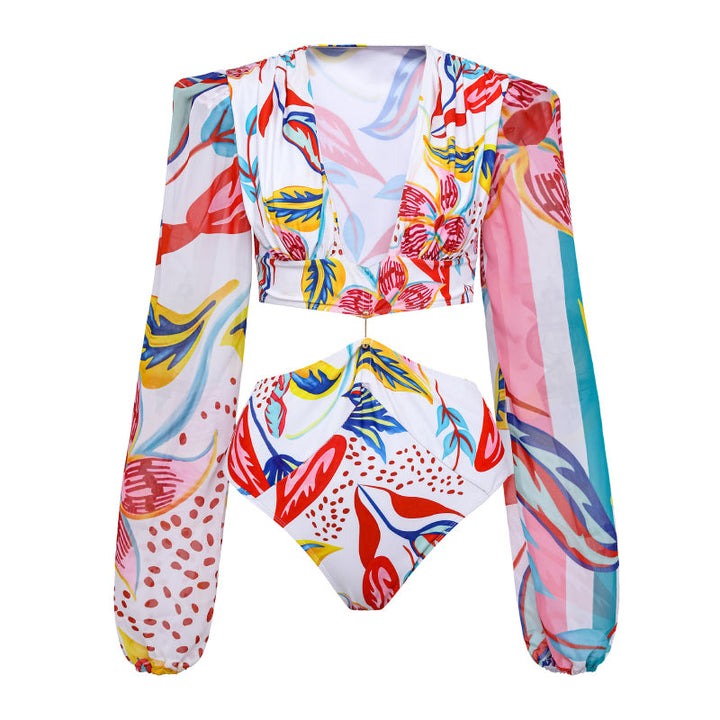 Damen Bikiniset mit langärmliger Bluse und trendy Muster Drune