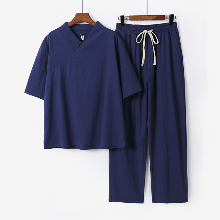 Unisex Leichtes Kimono-Loungewear-Set mit V-Ausschnitt und Tunnelzug-Hose Drune