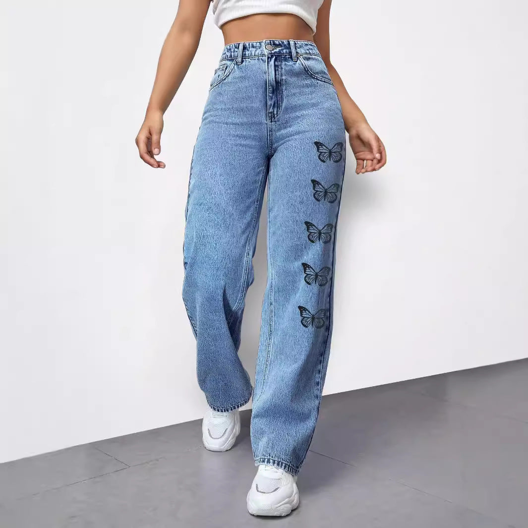 Damen High‑Waist Loose‑Fit Denimhose mit seitlichem Schmetterlingsprint Drune