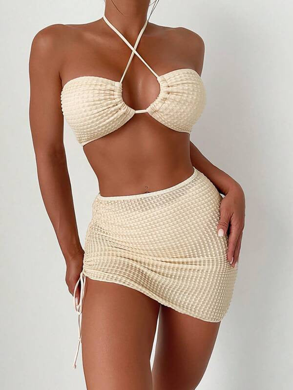 Damen Bandeau-Bikini mit verstellbaren Trägern und schnürbarem Rock Drune