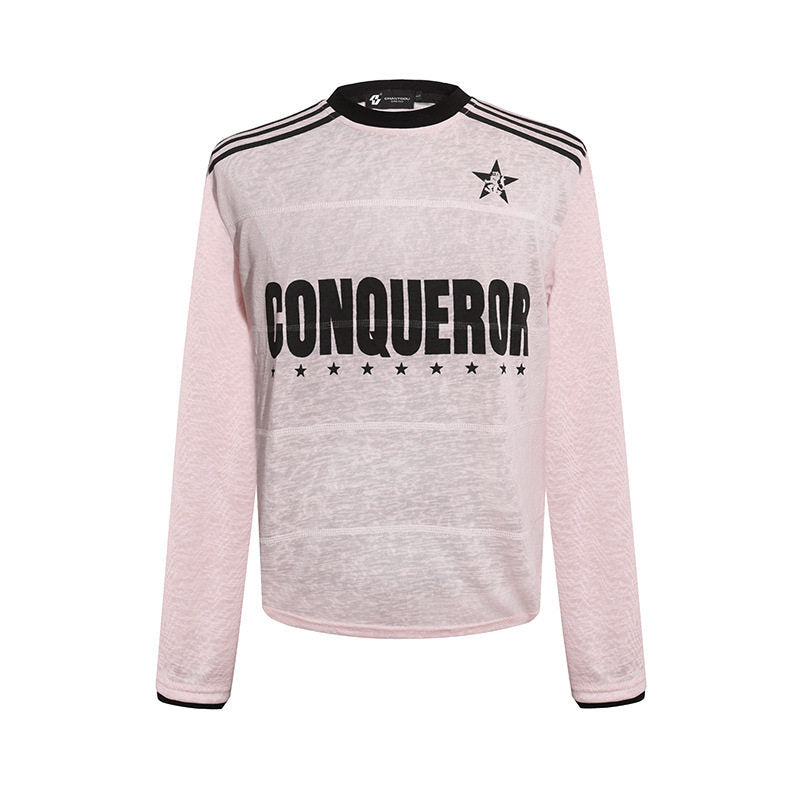 Damen Langarmshirt mit Statement-Print, Sportstreifen und strukturierter Slub-Optik Drune