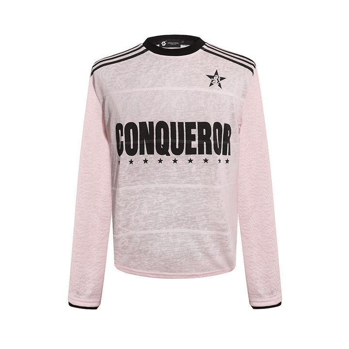 Damen Langarmshirt mit Statement-Print, Sportstreifen und strukturierter Slub-Optik Drune