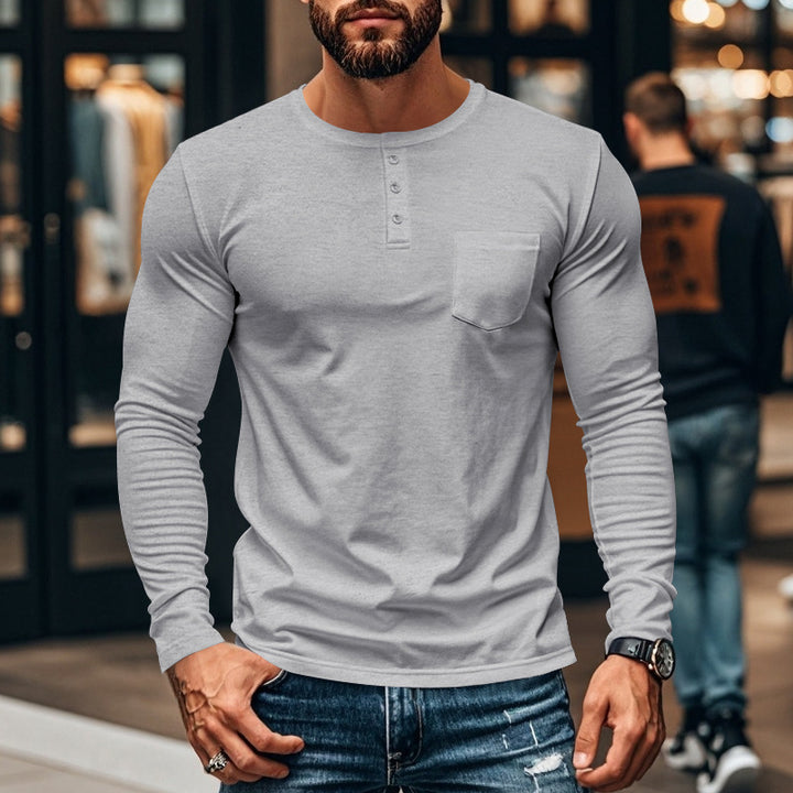 Herren nan schlankes Langarm-Buttonshirt mit kurzer Knopfleiste und Brusttasche Drune