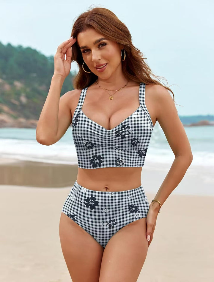 Damen Hochtailliertes Bikini-Set mit modischem Karomuster und Blumenakzenten Drune