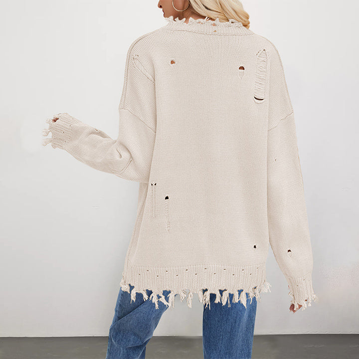 Damen lässiger Pullover mit Flaggenmuster und fransigem Saum Drune