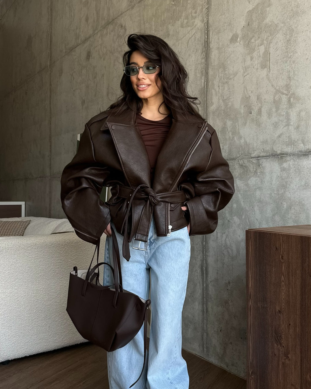 Damen Oversize Lederjacke mit Taillengürtel Drune