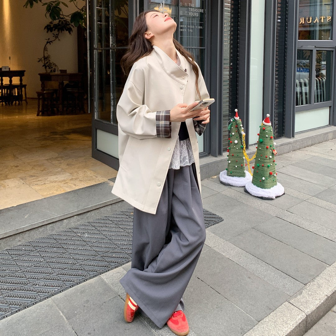 Damen Oversized Kurzmantel mit Stehkragen und kariertem Ärmelfutter Drune