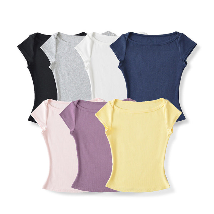 Damen figurbetontes Kurzarmshirt mit weitem Rundhalsausschnitt und feiner Rippstruktur Drune