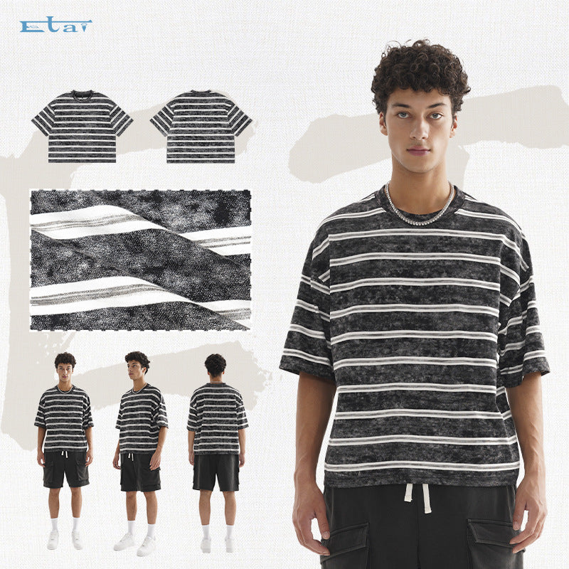 Herren Oversize Kurzarmshirt im verwaschenen Used-Look mit Blockstreifen Drune