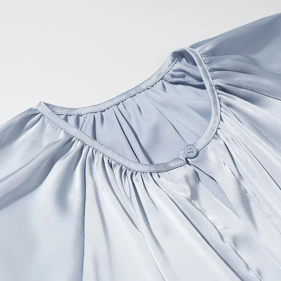 Damen nan fließendes Maxikleid mit gerafftem Oberteil, breitem Taillenbund und voluminösen Ballonärmeln Drune