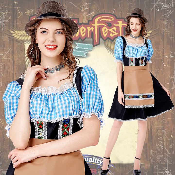Damen nan folklorisches Oktoberfest-Kostüm im Dirndlstil mit Carmenbluse geschnürtem Mieder und bestickter Schürze Drune
