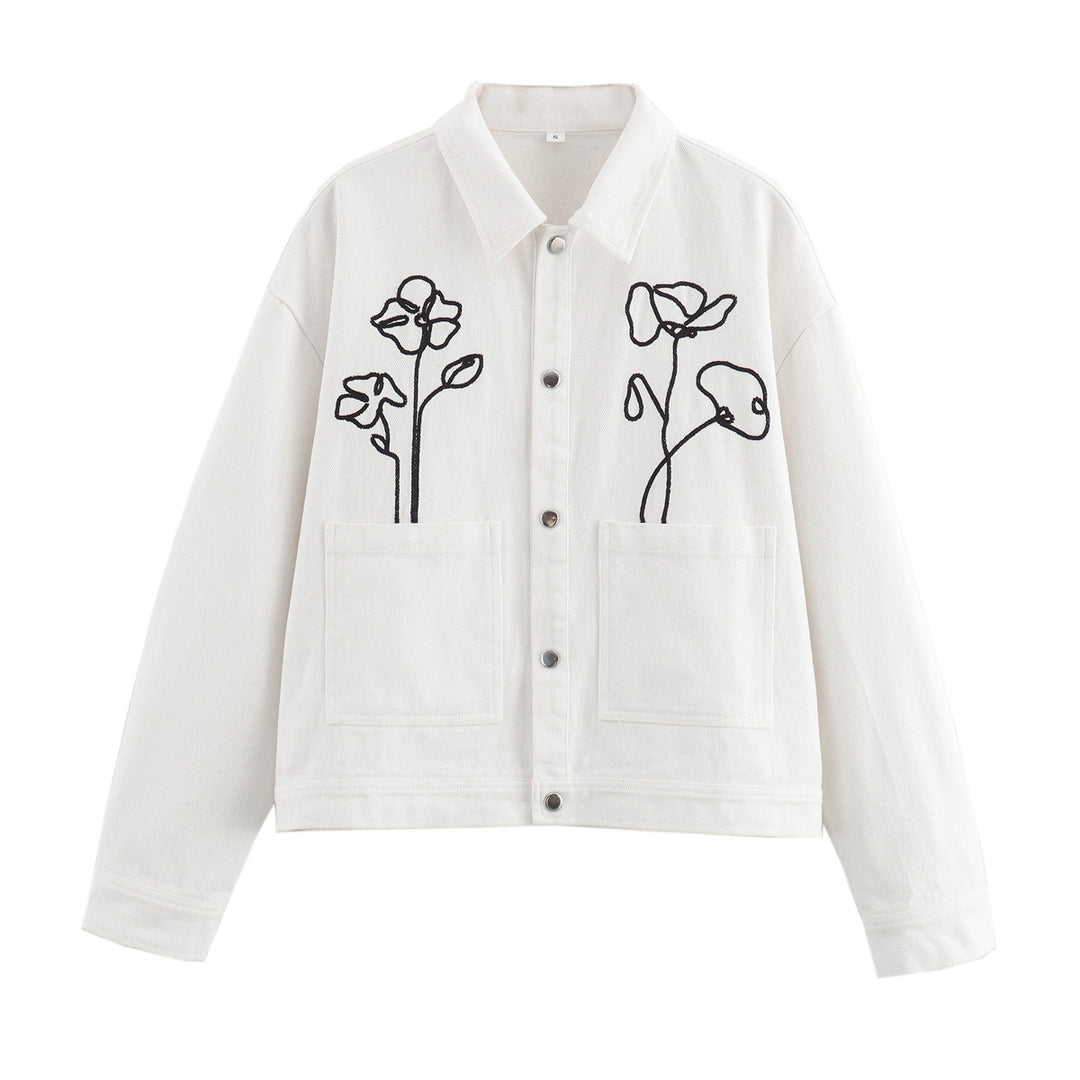 Damen nan bestickte Oversize-Jeansjacke mit floraler Linienstickerei und aufgesetzten Taschen Drune