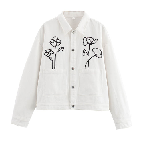 Damen nan bestickte Oversize-Jeansjacke mit floraler Linienstickerei und aufgesetzten Taschen Drune