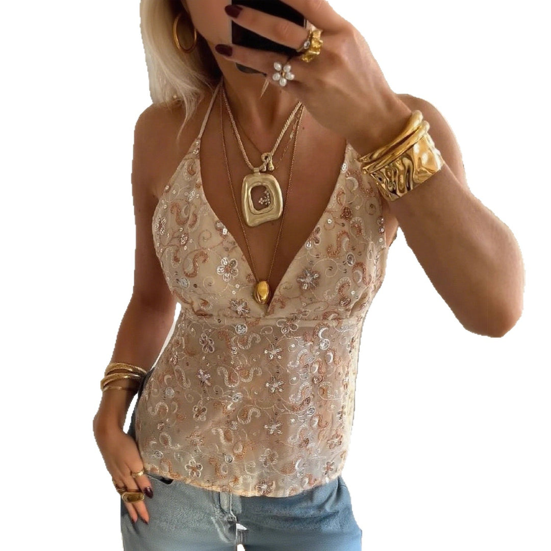 Damen Elegantes Spitzentop mit tiefem V-Ausschnitt und feiner Bestickung Drune