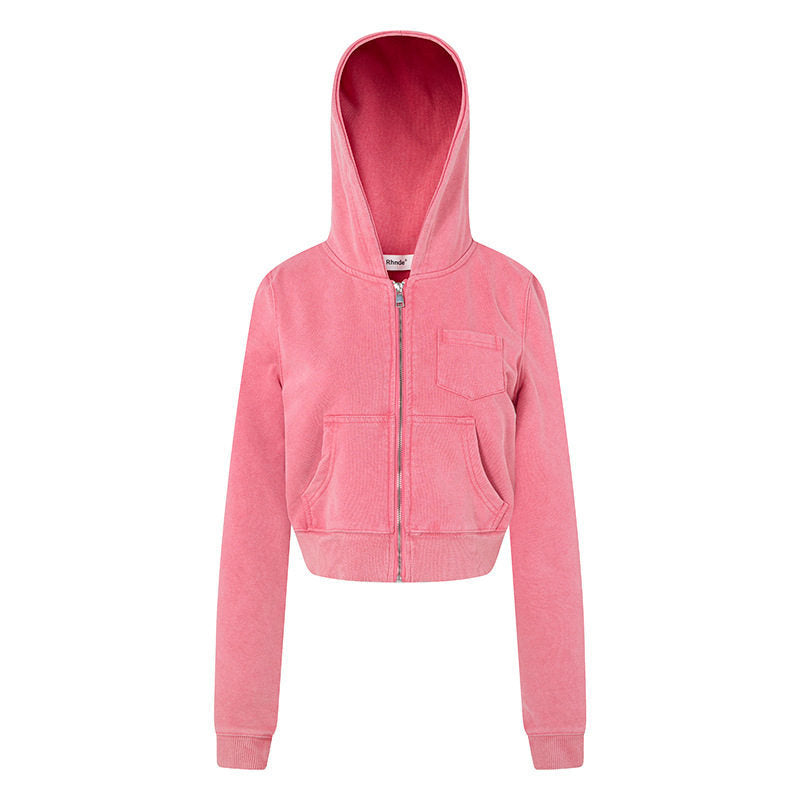 Damen Kurz geschnittene Kapuzen-Sweatjacke mit durchgehendem Reißverschluss im Boxy-Schnitt und Brusttasche Drune