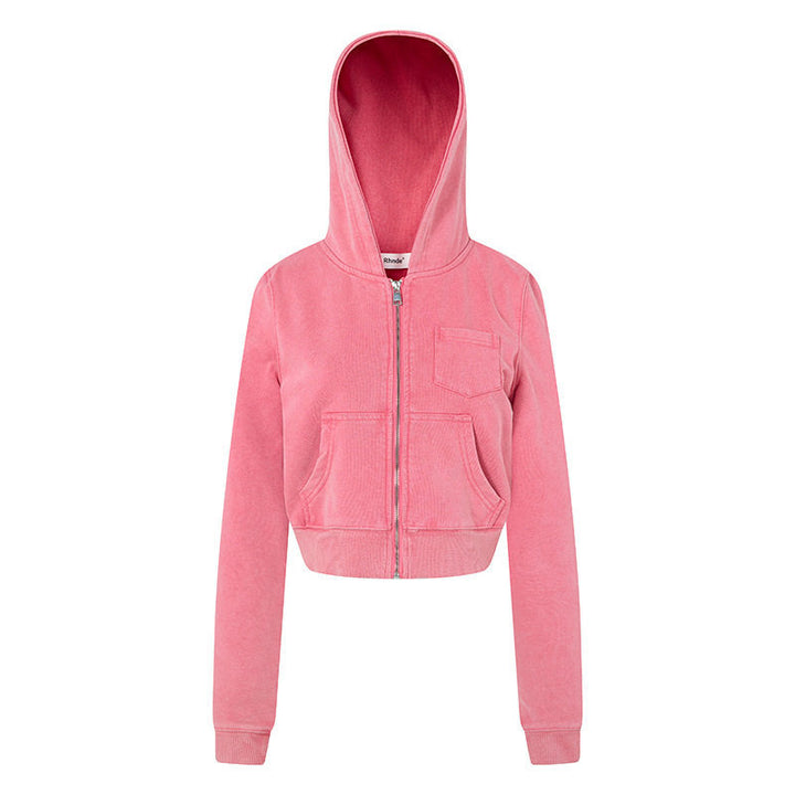 Damen Kurz geschnittene Kapuzen-Sweatjacke mit durchgehendem Reißverschluss im Boxy-Schnitt und Brusttasche Drune