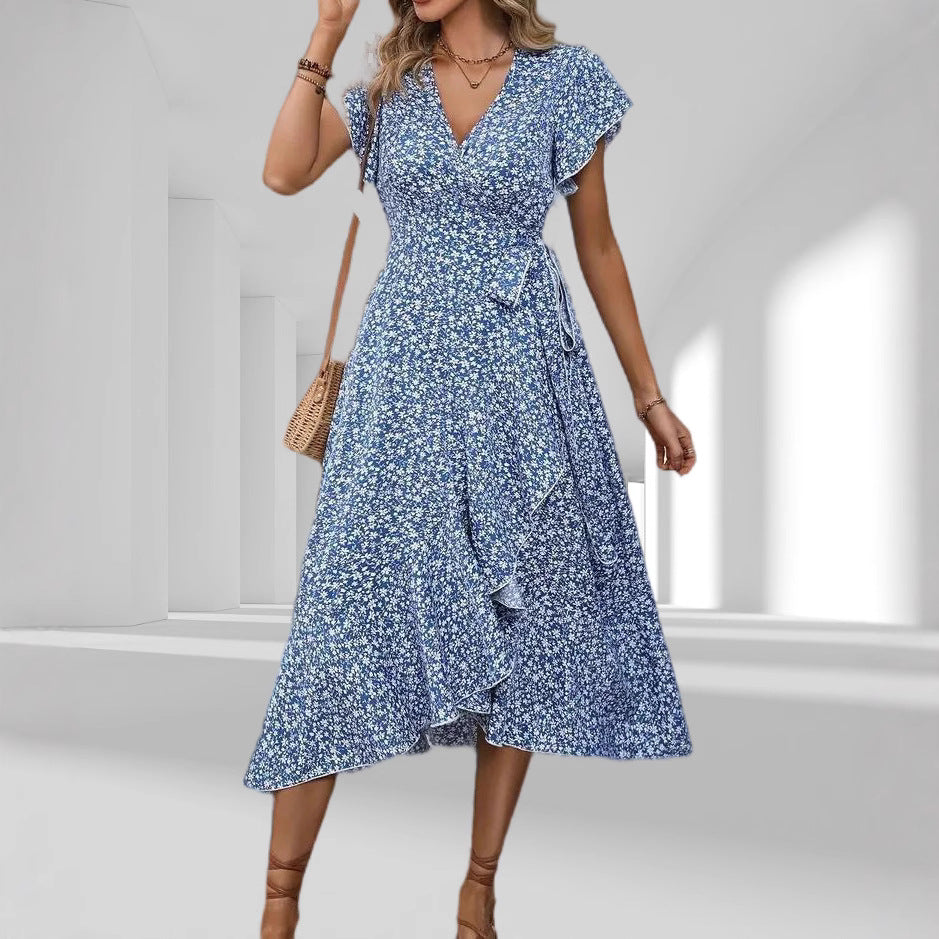 Drune | Atemberaubendes Kurzarm Grünes V-Ausschnitt Midi-Kleid
