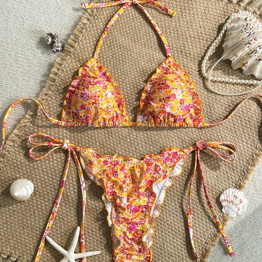 Damen Triangel-Bikini mit Rüschendetails und lebhaftem Blumendruck Drune