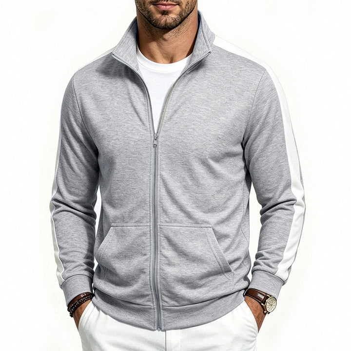 Herren Sportliche Zip-Trackjacke mit Stehkragen, Kontraststreifen an den Ärmeln und Kängurutaschen Drune