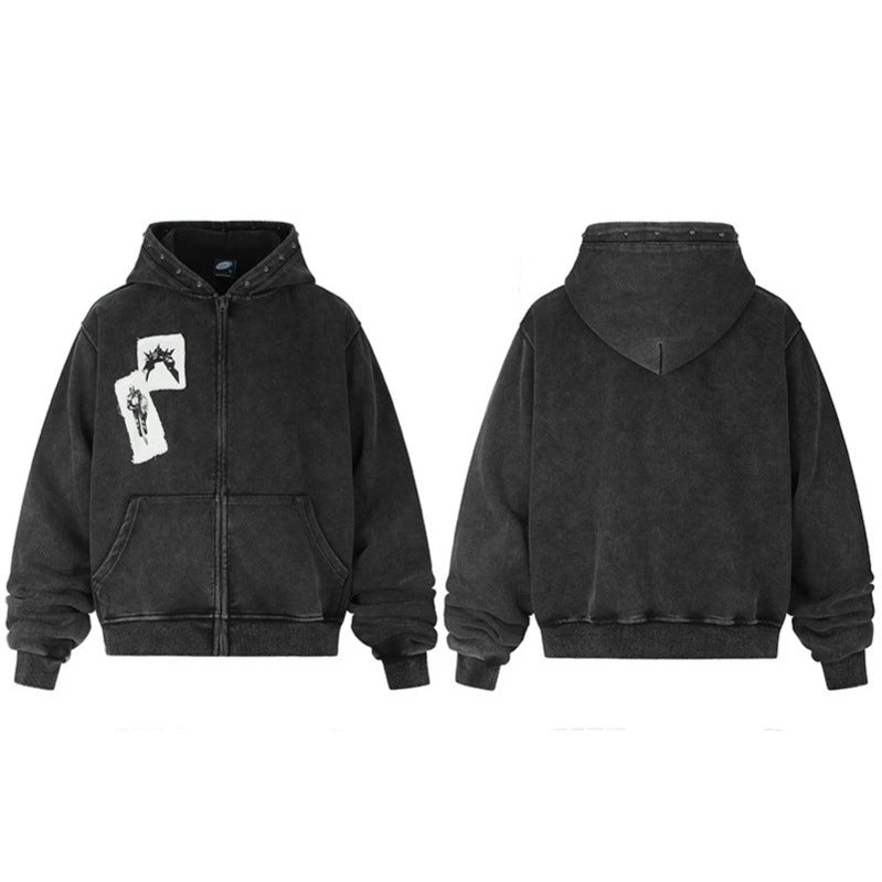 Herren Kapuzen‑Sweatjacke mit Vintage‑Waschung, oversized Cut, Patch‑Print und Nietenbesatz Drune