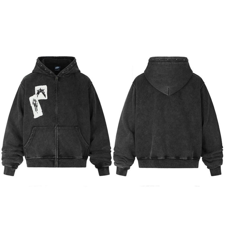 Herren Kapuzen‑Sweatjacke mit Vintage‑Waschung, oversized Cut, Patch‑Print und Nietenbesatz Drune