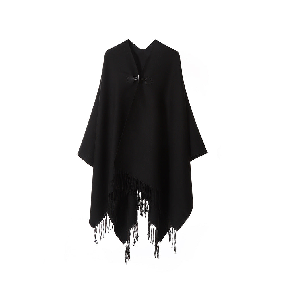 Damen Kastiger Cape-Überwurf mit Fransen und Knebelverschluss Drune