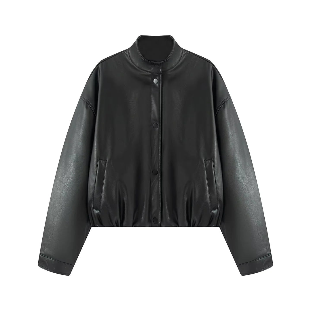 Damen nan oversized cropped Kunstlederjacke im Bomberstil mit Stehkragen und elastischem Saum Drune