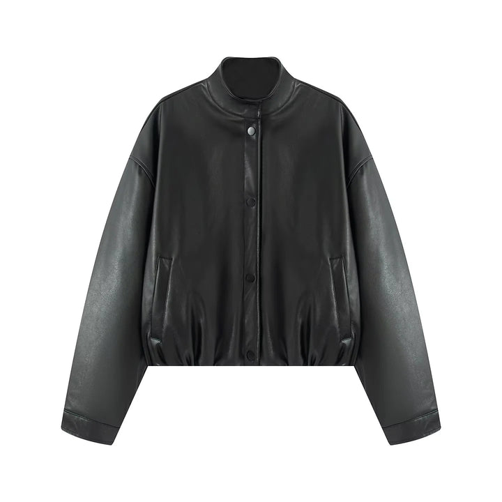 Damen nan oversized cropped Kunstlederjacke im Bomberstil mit Stehkragen und elastischem Saum Drune